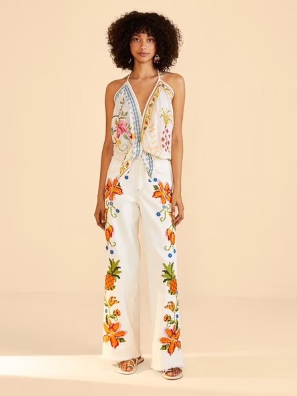 NWT Farm Rio White Embroidered Wide-Leg denim Pants